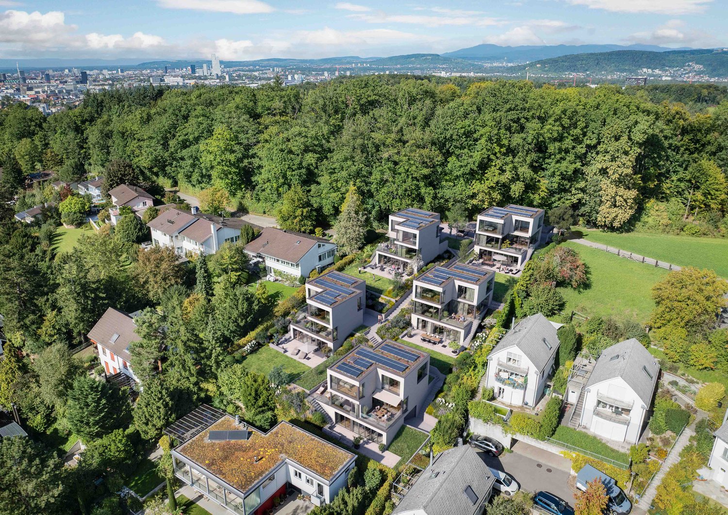 Multiple modern houses surrounded by trees, visible solar panels, grass lawns, paths, distant cityscape