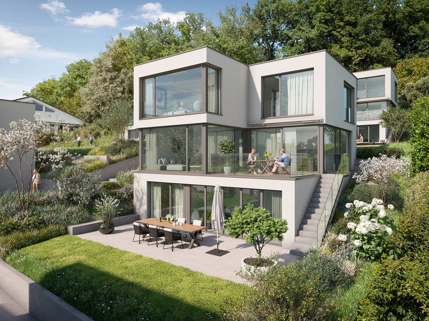 2 story house, white walls, glass windows, large balcony, garden, dining table and chairs