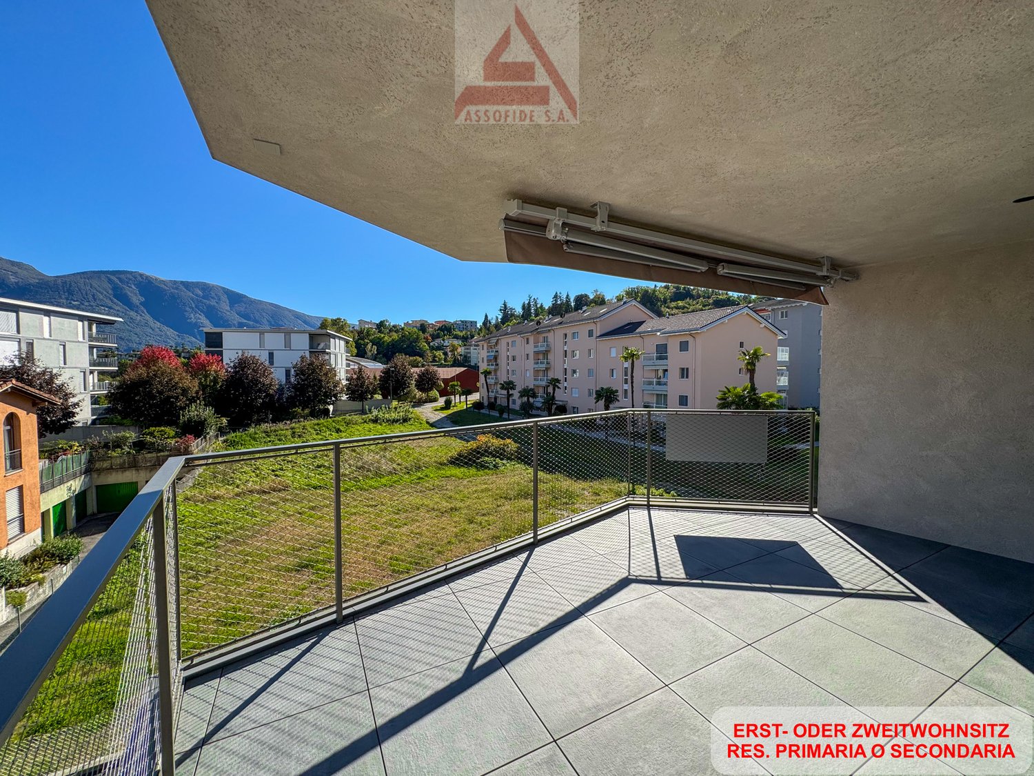 terrace with steel railings, panoramic view, metal mesh fencing