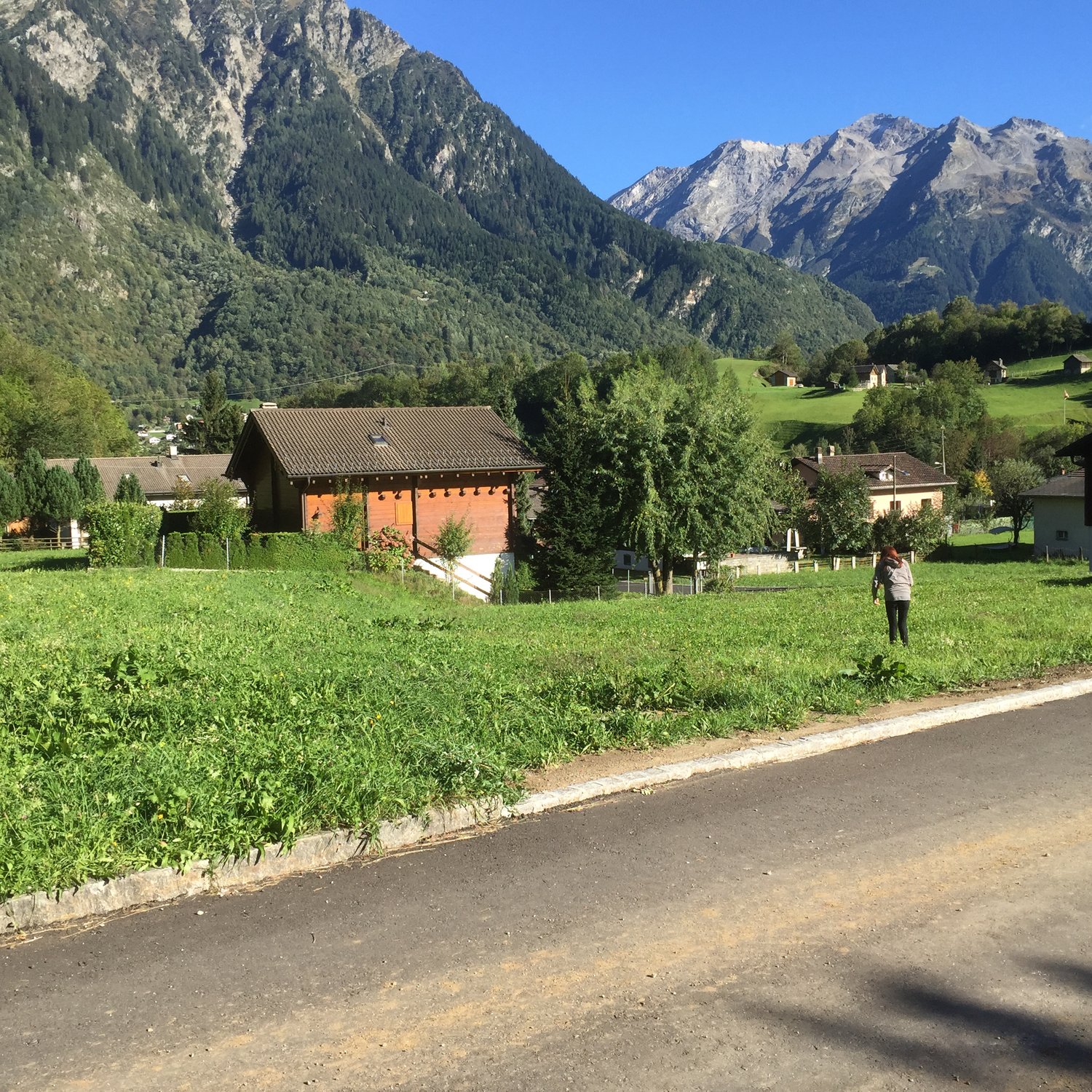 Detached house, brown roof, situated on a slope, mountains in the background