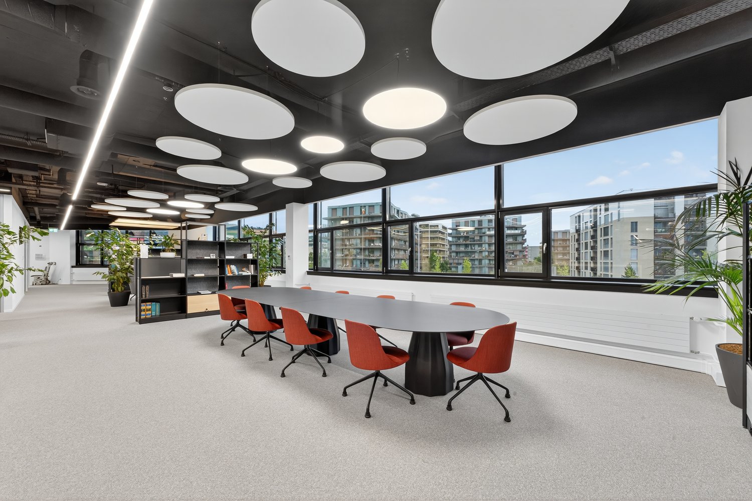 large meeting room with long table, large windows, modern lighting, plants, carpet floor