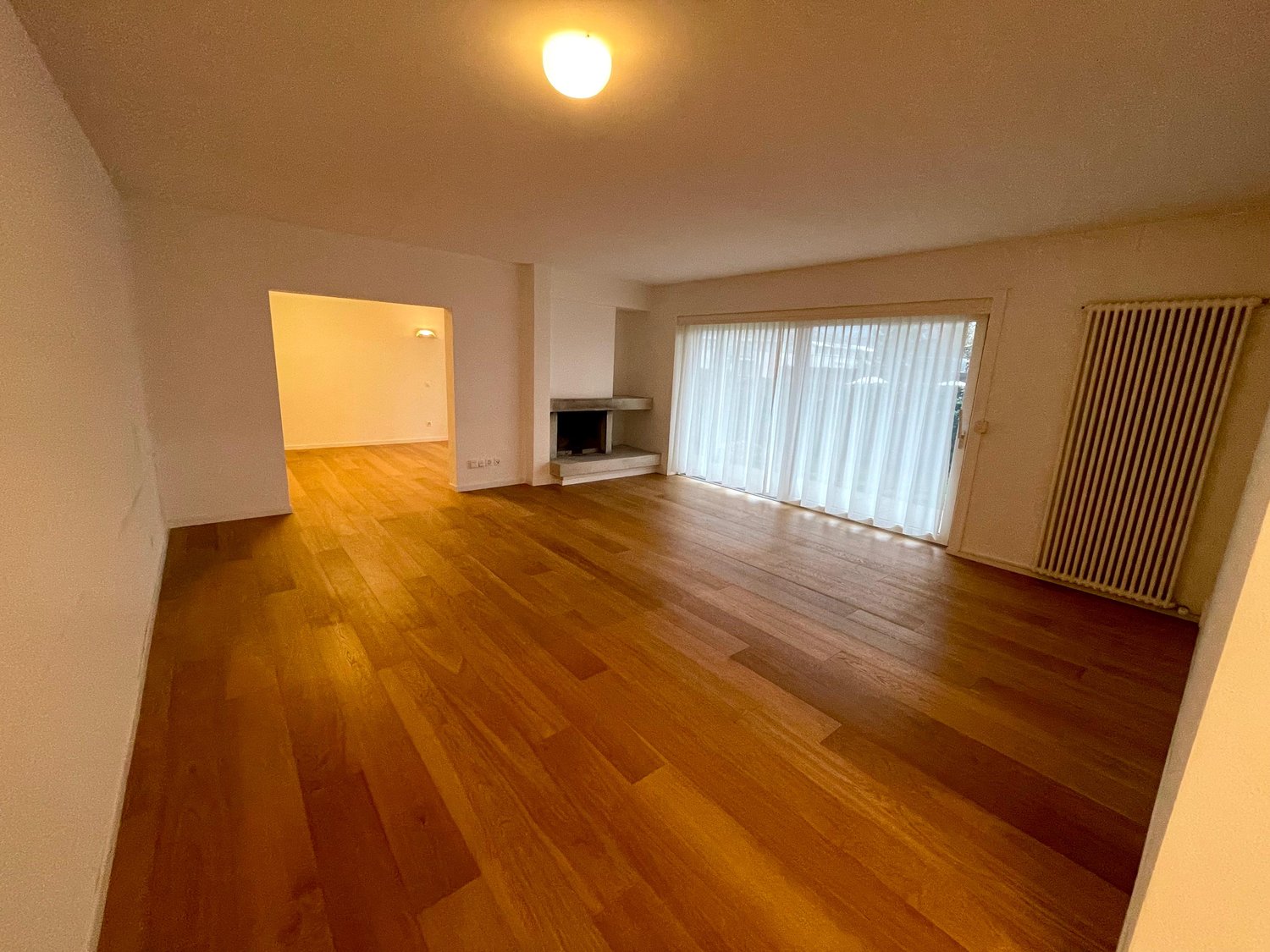 Fireplace and heater, hardwood floors, white walls