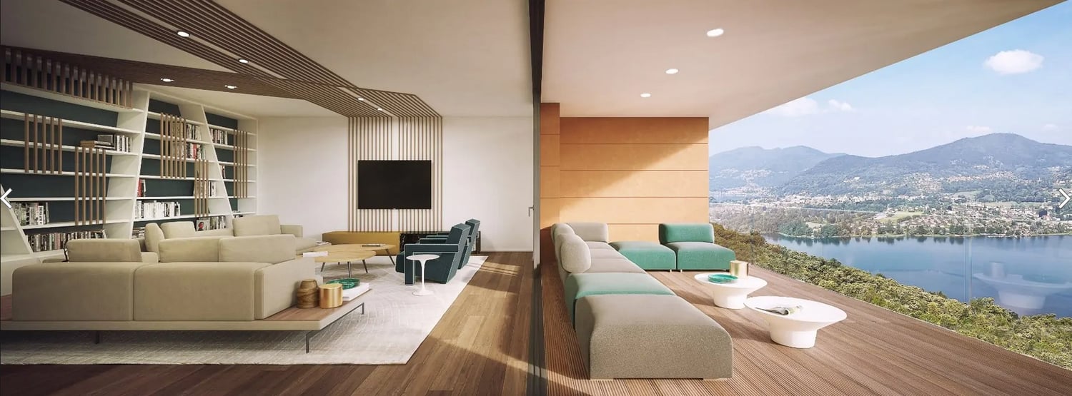 modern living room with wooden floor, open floor plan, large glass wall, balcony, lake view, multiple sofas, bookshelves, table, television