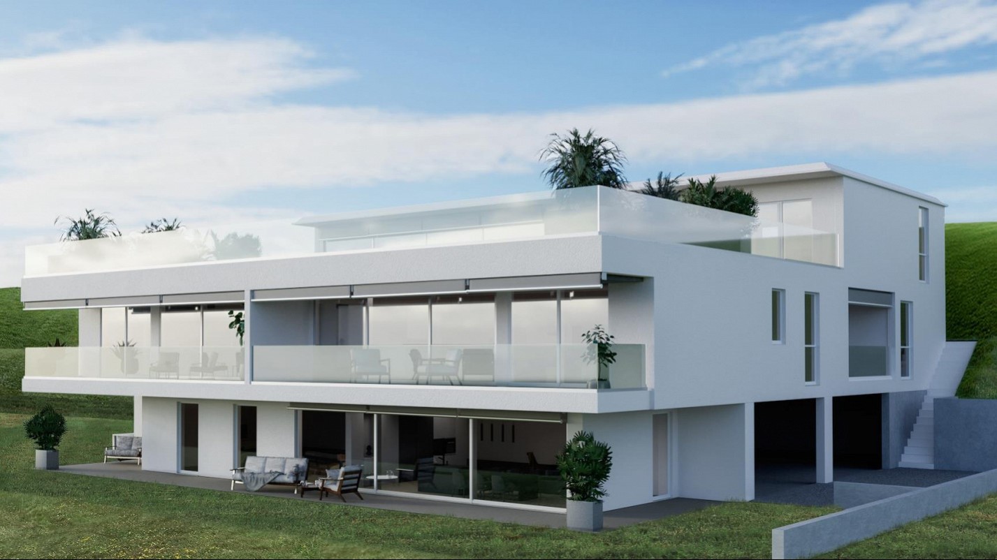 Modern house with two floors, large windows, glass balcony, underground garage, and lush landscaping.