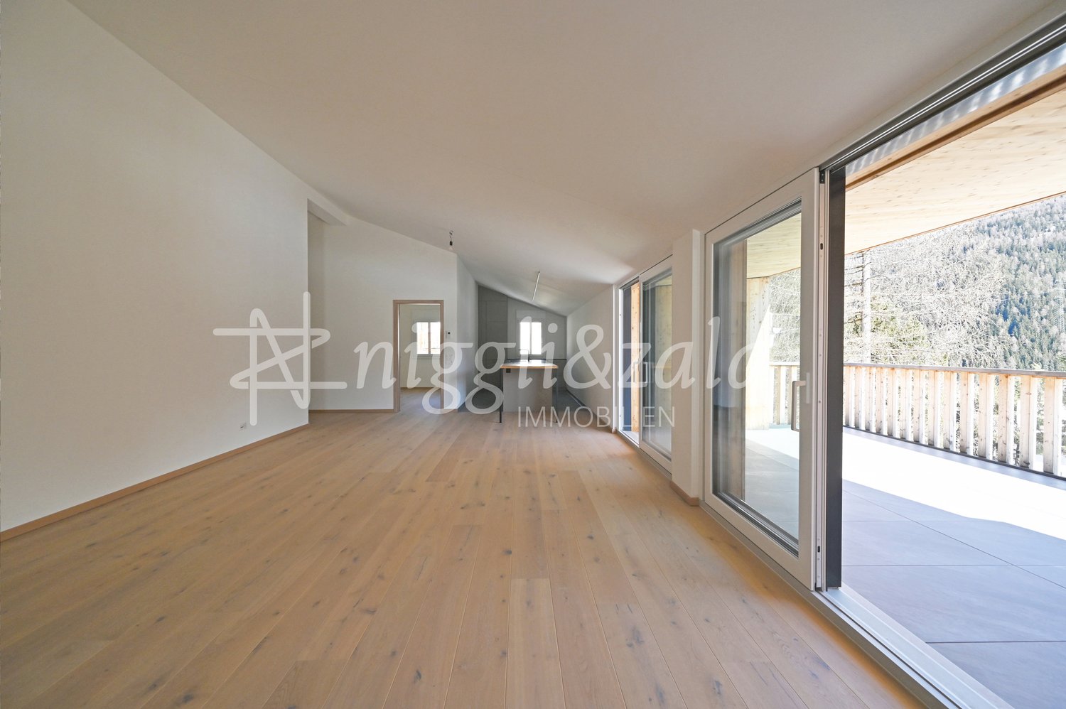 empty room, wooden floor, white walls, large glass doors, balcony