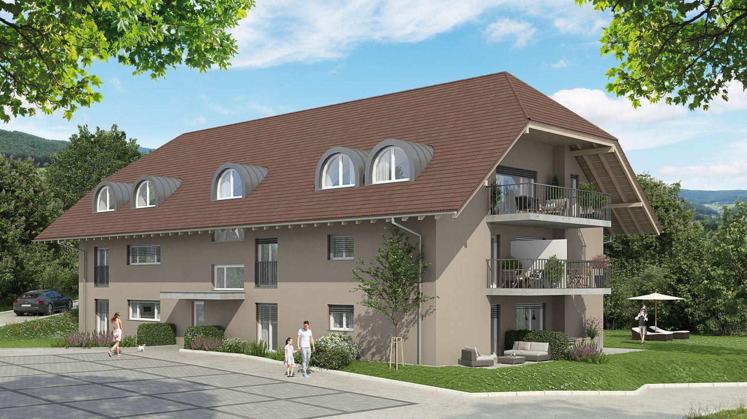 Multi-storey house, brown roof, large windows, balconies, garage, car parked, trees, lawn, seating area