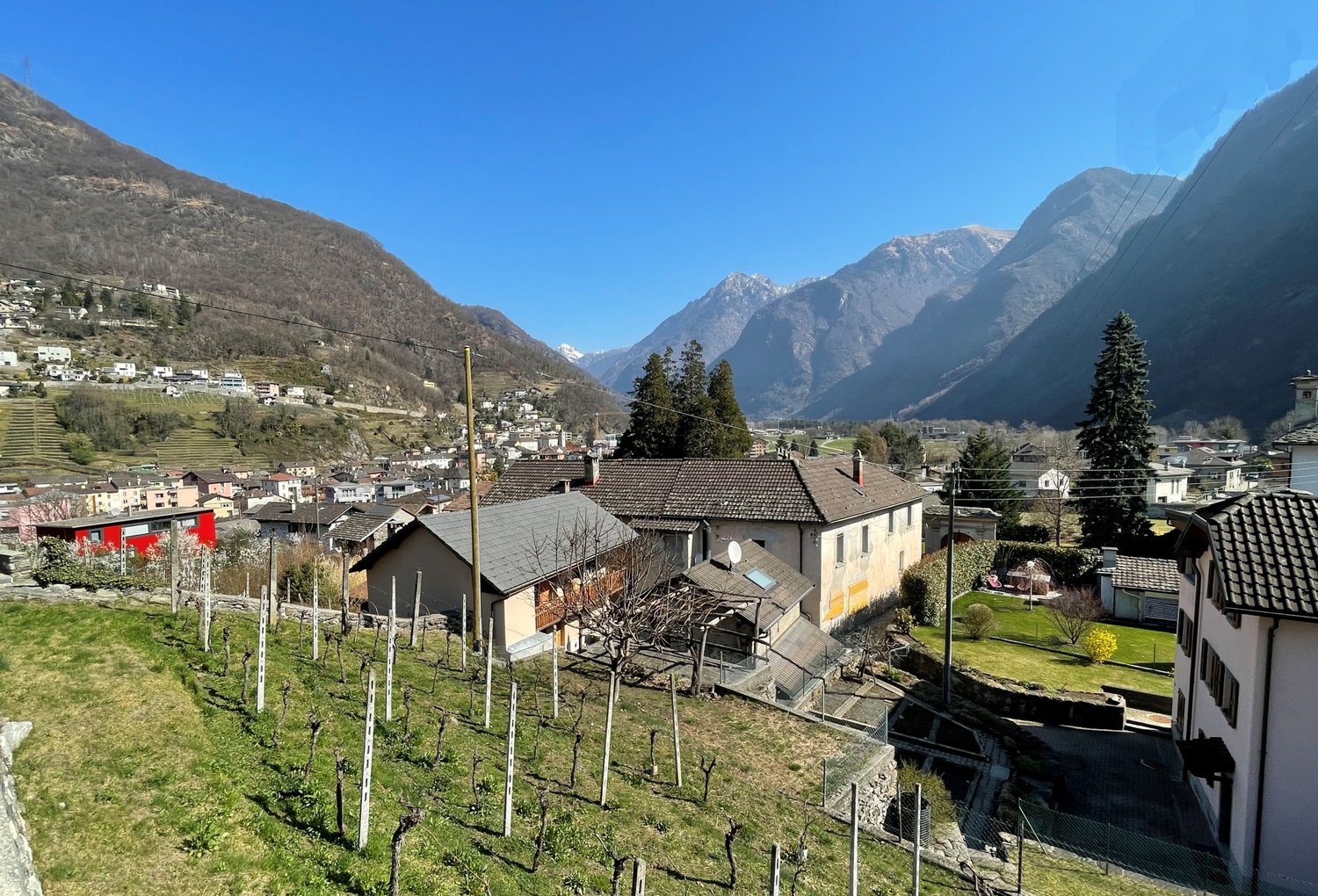 The image shows a picturesque mountain village nestled in a valley, with snow-capped peaks in the background. The village consists of traditional houses with red-tiled roofs, surrounded by vineyards and orchards. There are several trees and a grassy area