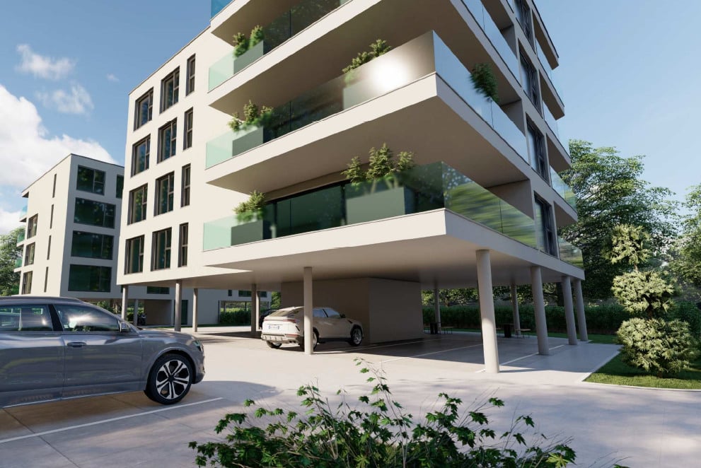 3 story apartment building, glass balcony, covered parking, trees
