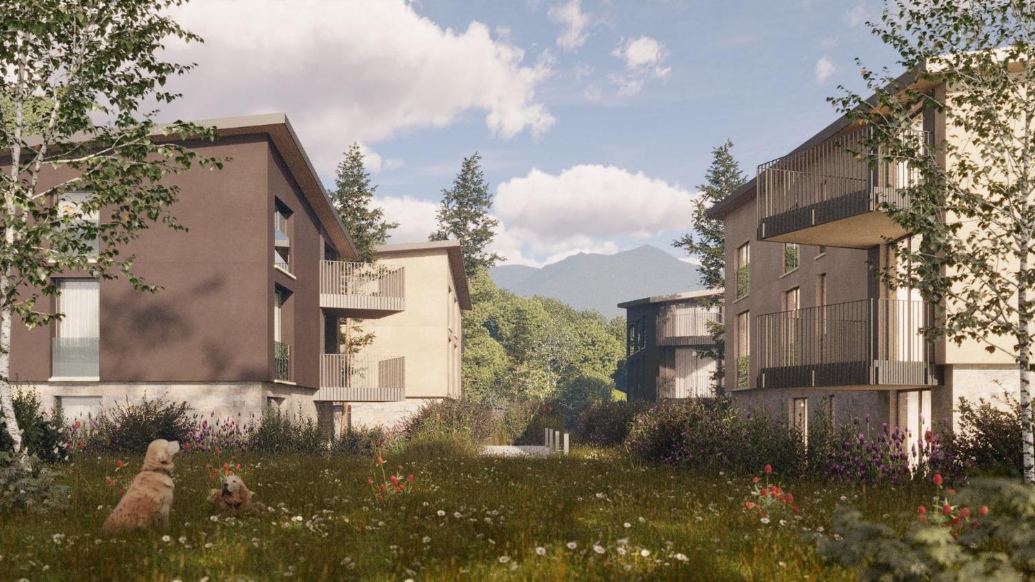 modern architectural design, brown facade, large windows, balconies, green trees, garden, mountains in the background