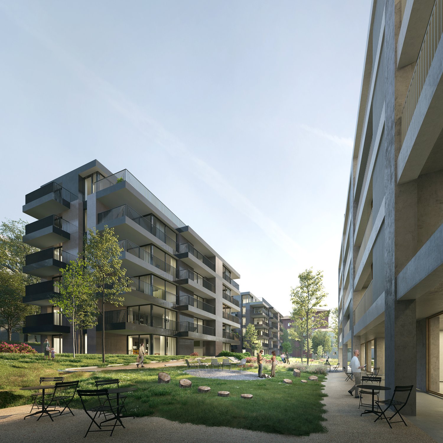 modern apartment complex, multiple buildings, several balconies, landscaped garden, seating areas, trees, people walking