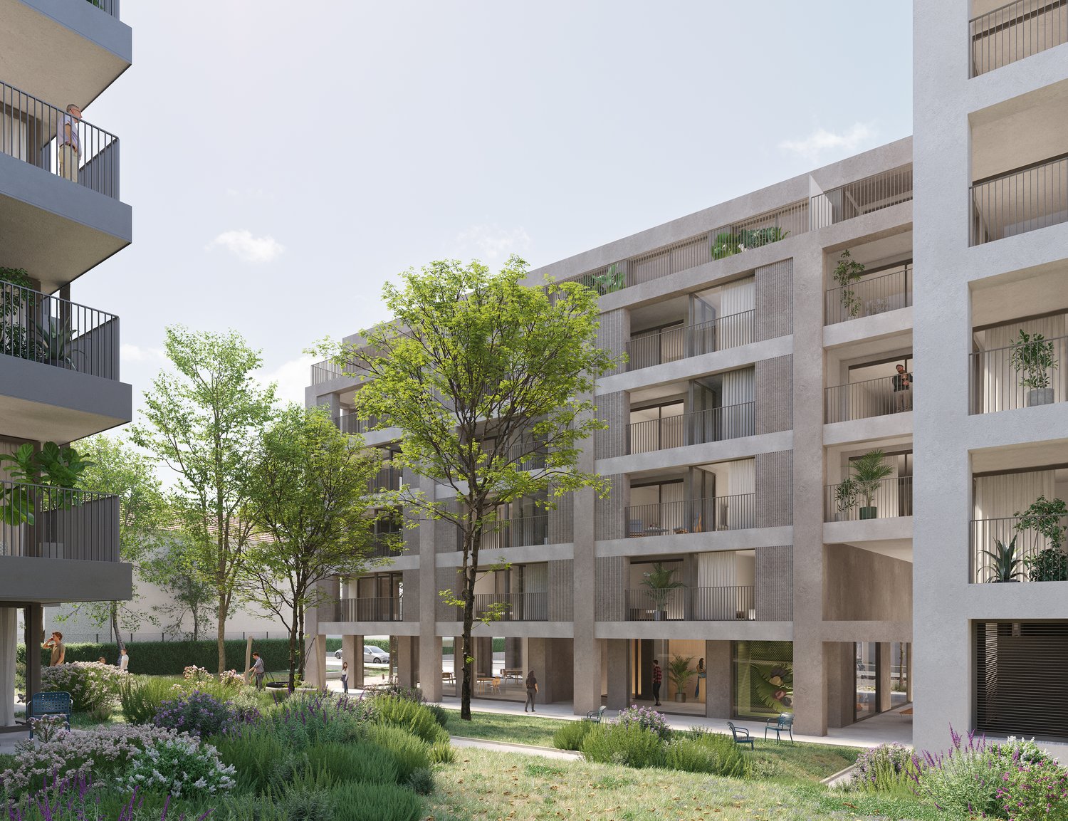 Modern residential apartment complex, concrete walls, large windows, multiple balconies, greenery, ground floor entrance