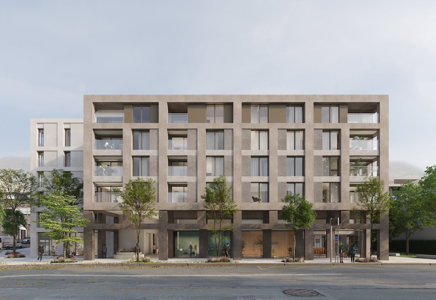 Multi-story residential building, large windows, balconies, modern design, elevated ground floor, concrete exterior