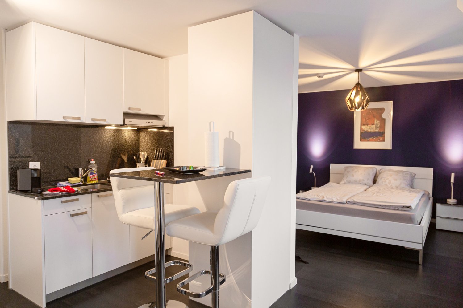 The image shows a studio apartment with an open-concept layout. The kitchen area features white cabinets, a black countertop, and a dishwasher. The living and sleeping areas are separated by a partial wall, with a bed visible in the bedroom section. The r