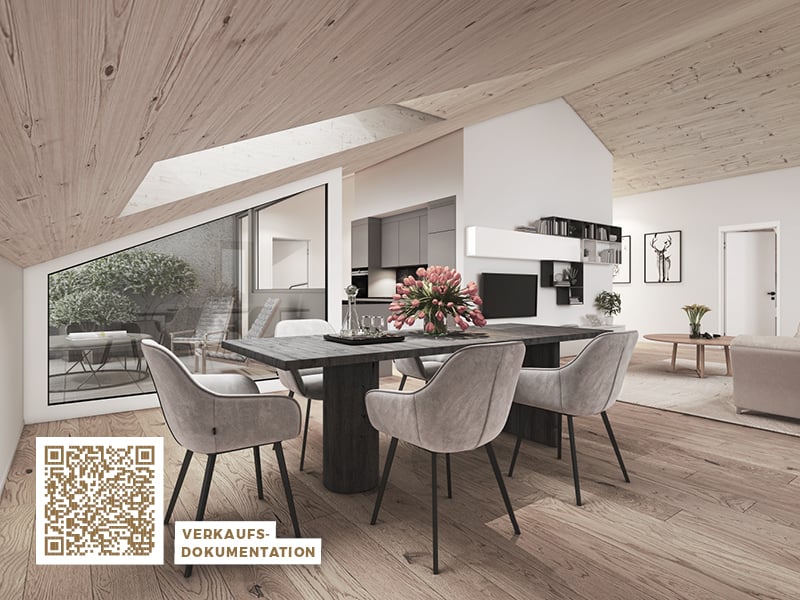 Open room layout, dining table, chairs, large glass windows, wooden ceiling, kitchen area visible, white walls, wooden floor