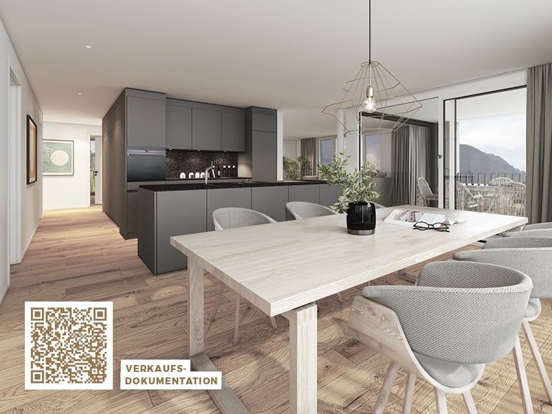 Dining area with wooden floor, open kitchen, and balcony with outdoor seating