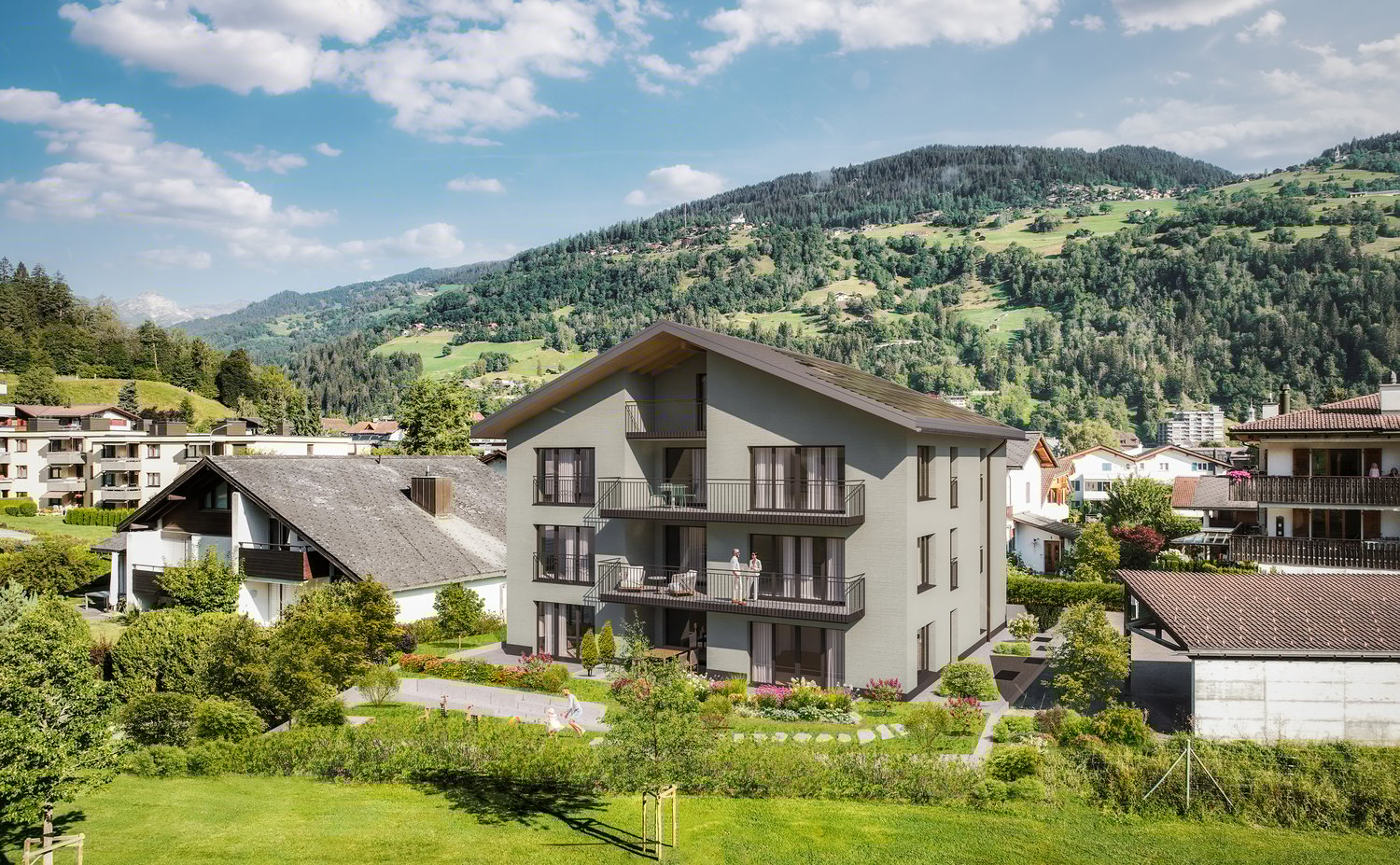 3-story apartment building with balconies, surrounded by lush greenery and mountains in the background