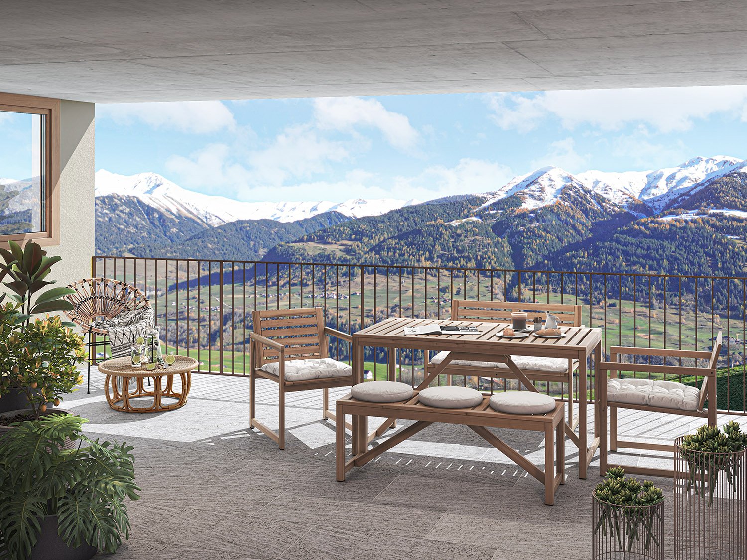 wooden furniture, table with benches, balcony with railings, potted plants, distant mountain range