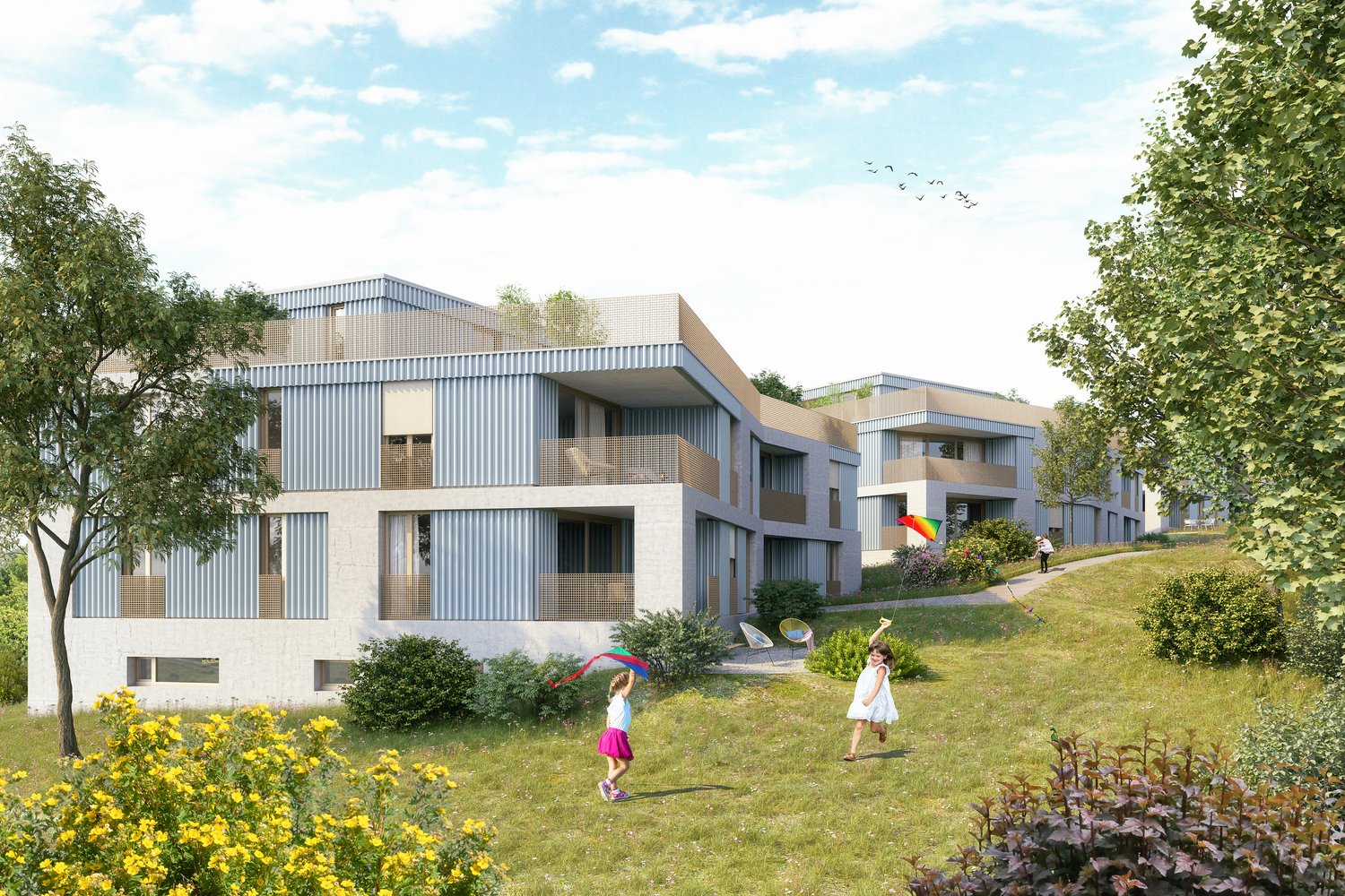 Modern architectural design, white and silver exterior, multiple windows, balconies, green surroundings, grassy area with flowers and plants