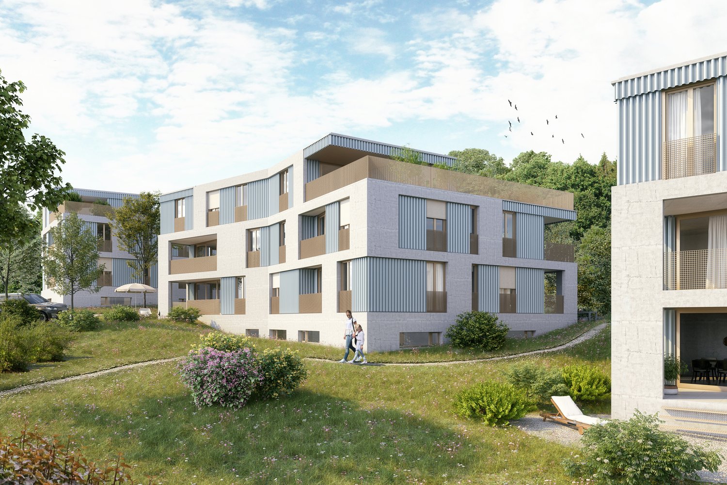 An image of a house with a large balcony, surrounded by a garden, situated on a hill.