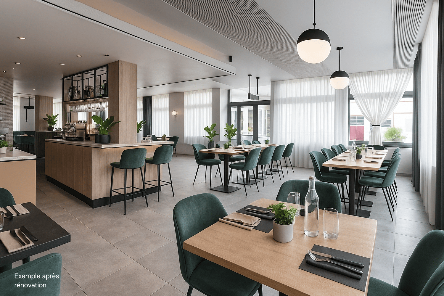 modern interior design, wooden tables and chairs, white curtains, plants, glass bottle, light fixtures, counter with bar stools