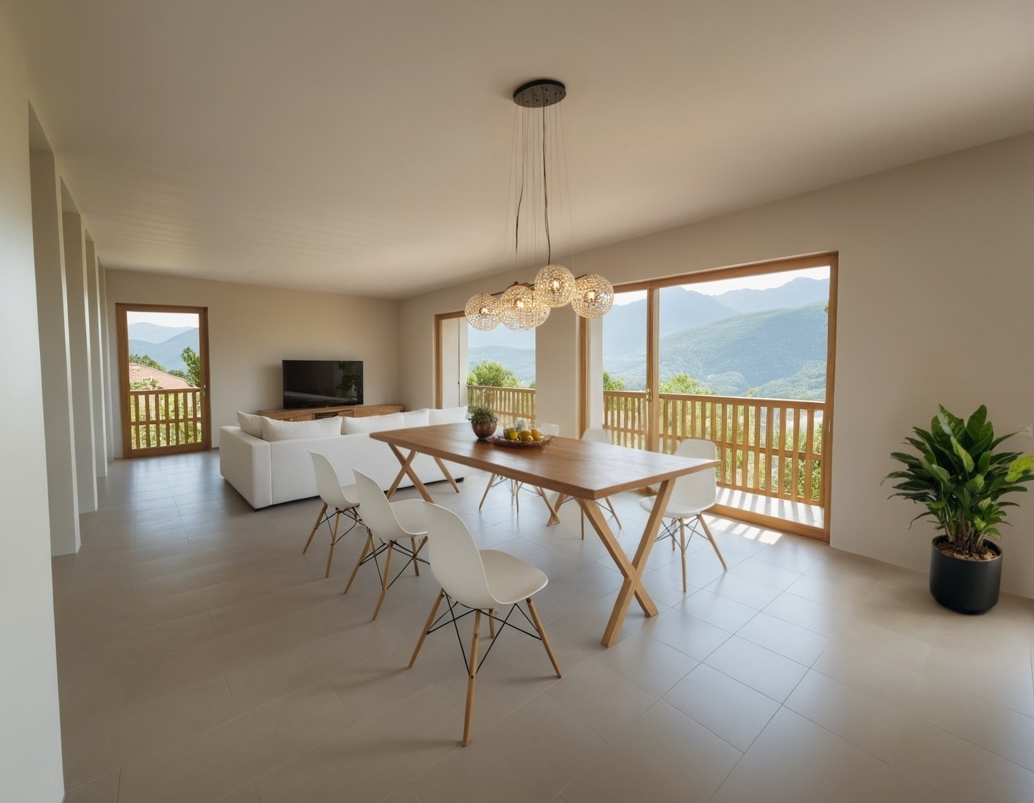 Spacious open-plan living and dining area with large windows offering a scenic mountain view. The room features a wooden dining table with white chairs, a white sofa, and a modern chandelier lighting fixture. The space opens up to a balcony or terrace ove