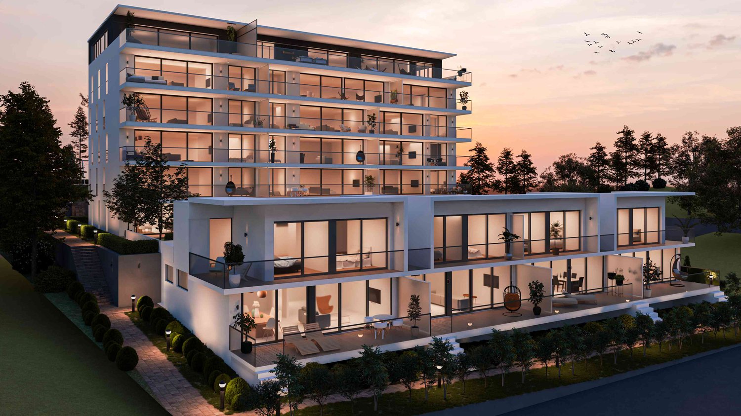 modern architecture, white exterior, glass walls, balconies, open terrace