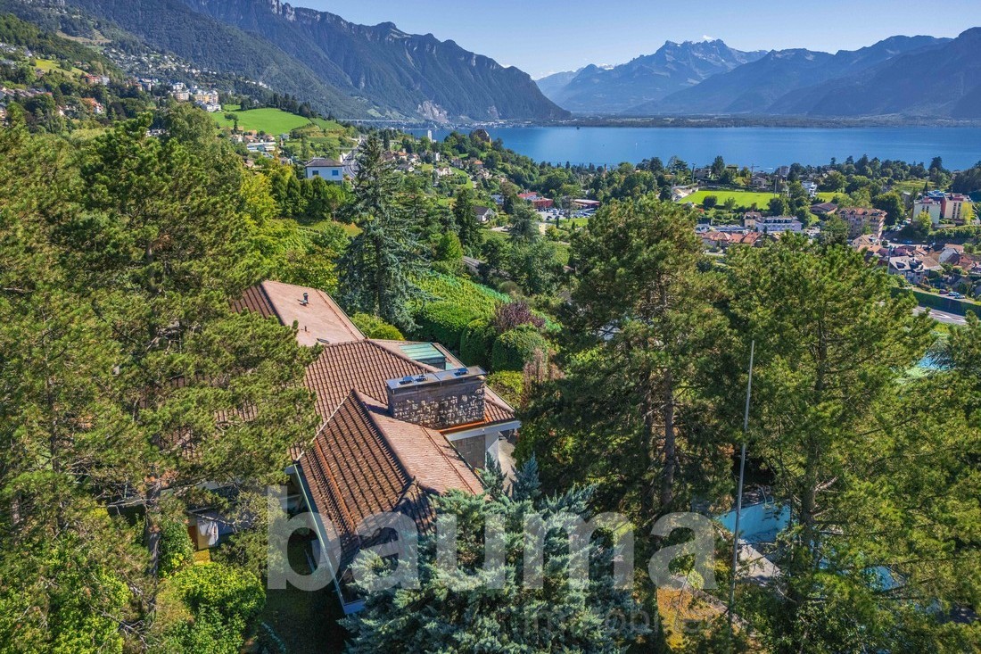 House with brown roof, surrounded by trees, swimming pool, mountains and lake in the background