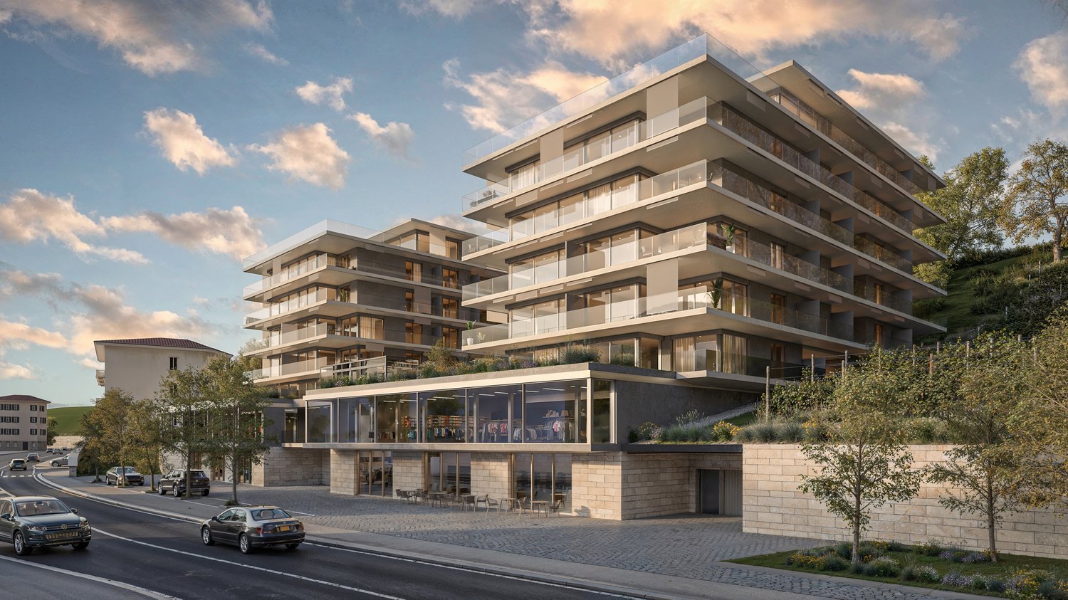 Multi-story modern apartment building with balconies, ground-level retail space, and parking area in front