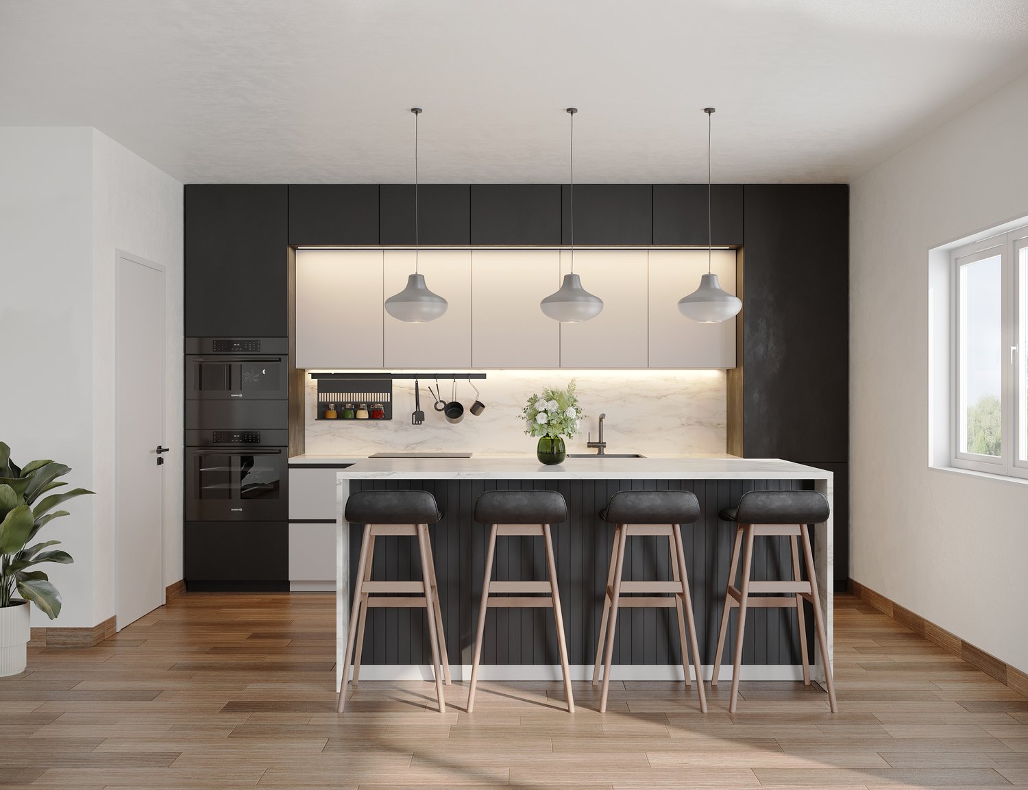 modern kitchen, black cabinets, white countertops, four bar stools, under-mount sink, oven, flower vase, plant