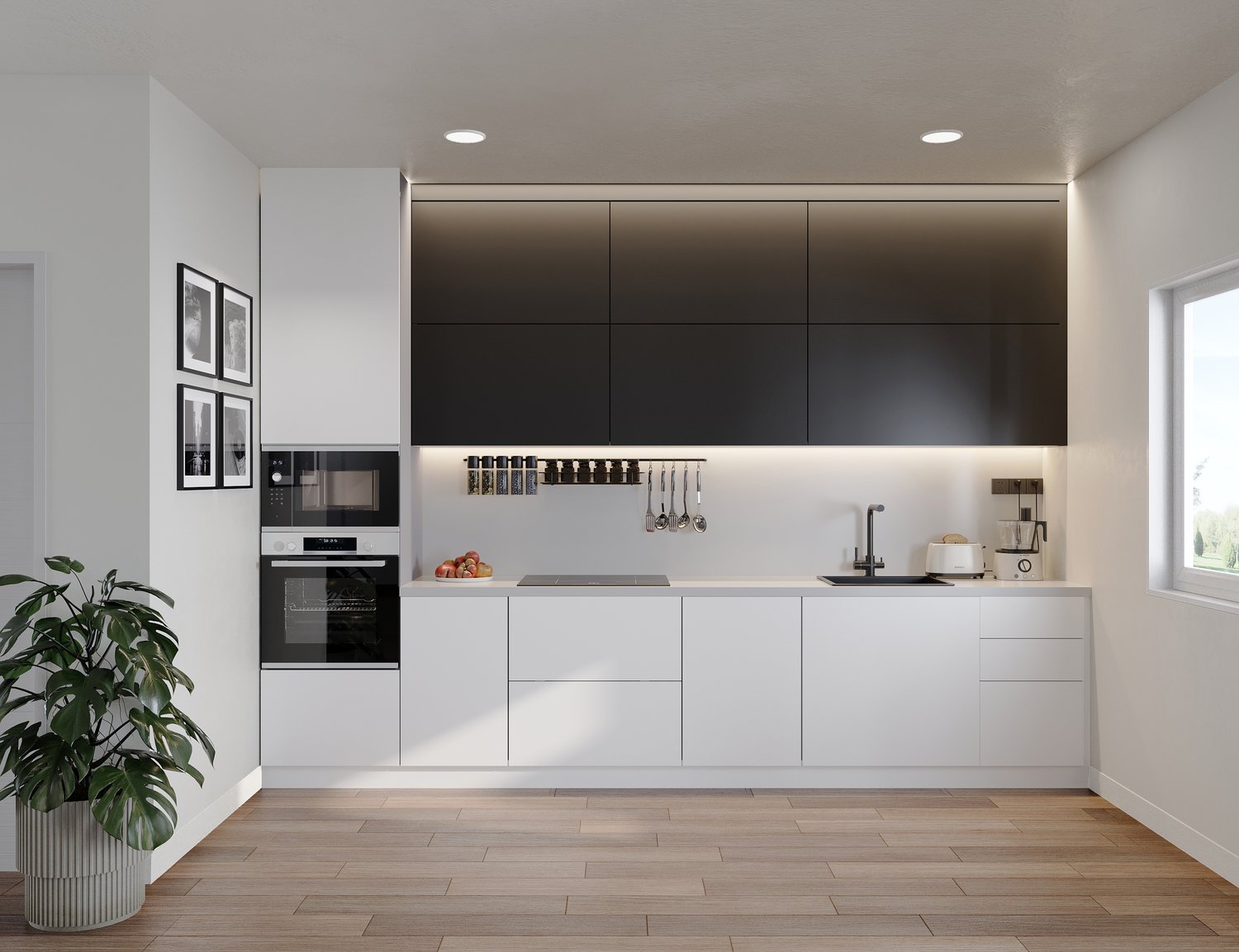 modern kitchen with white cabinets, black accents, modern appliances, wooden floors, minimalist design