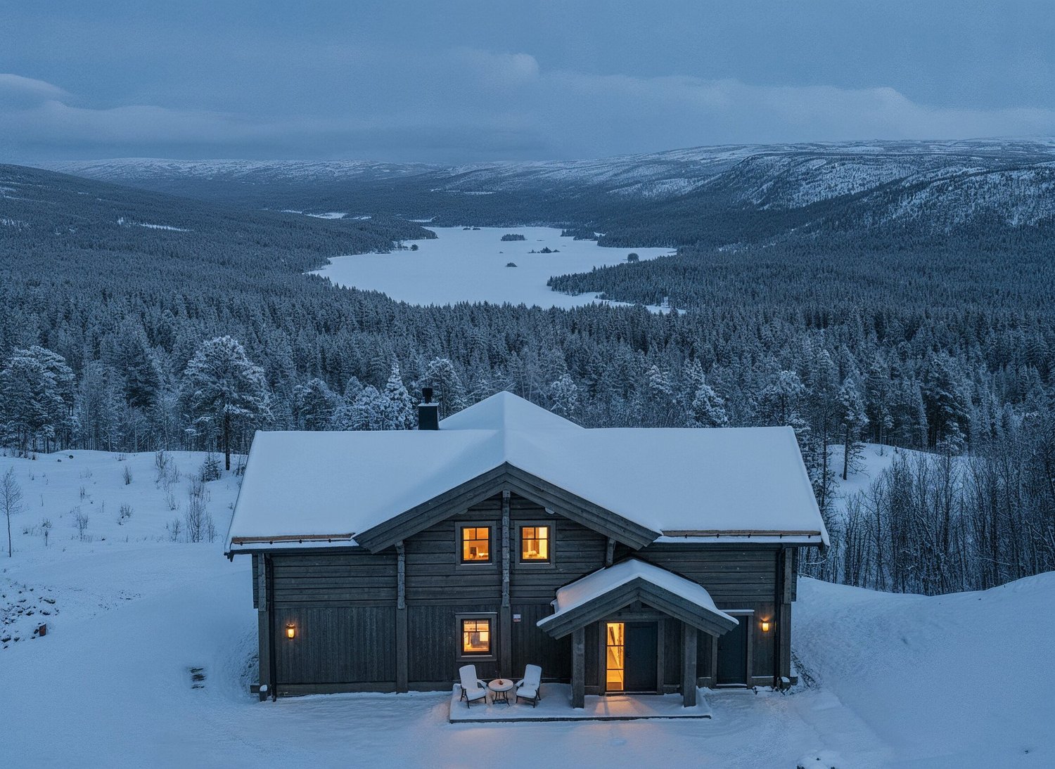 Wooden log cabin in a snowy mountainous landscape with a view of a lake
