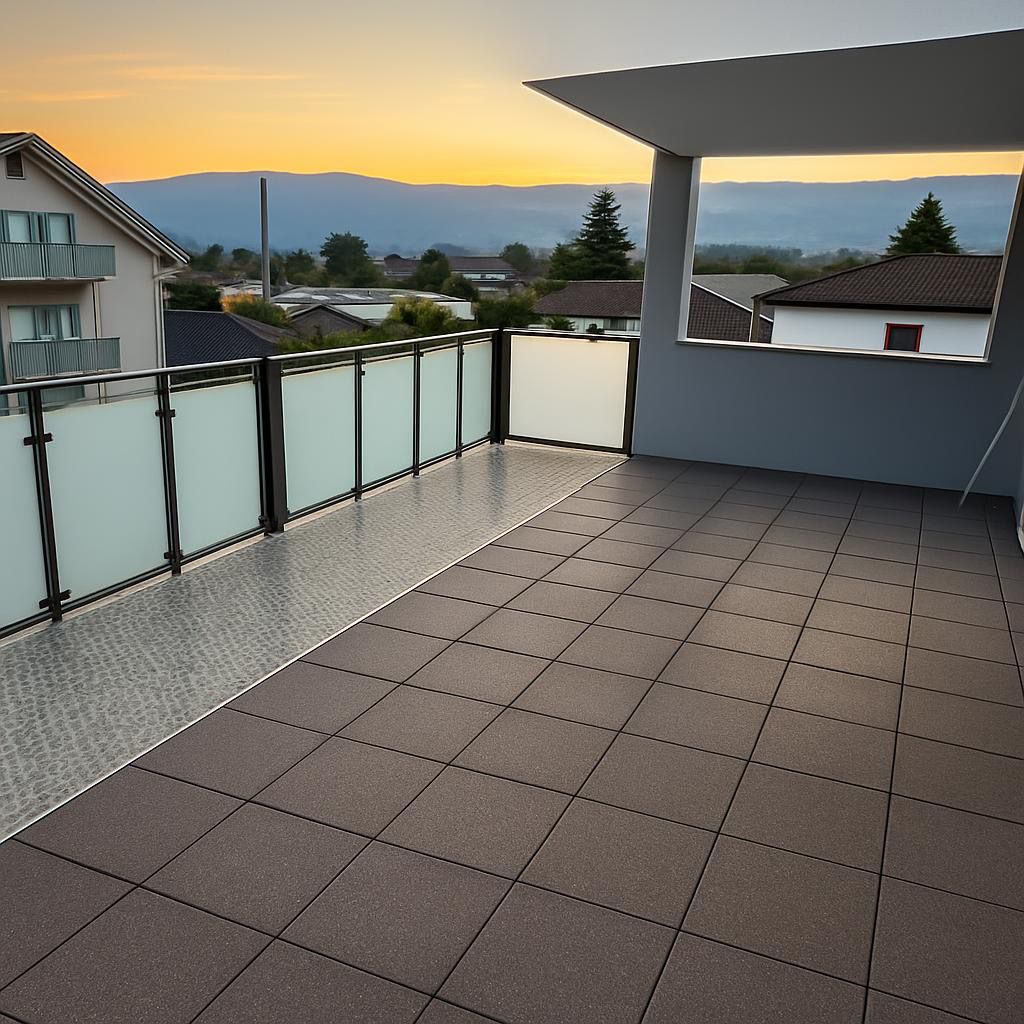 large balcony, black railing, white panels, tiles, mountain view