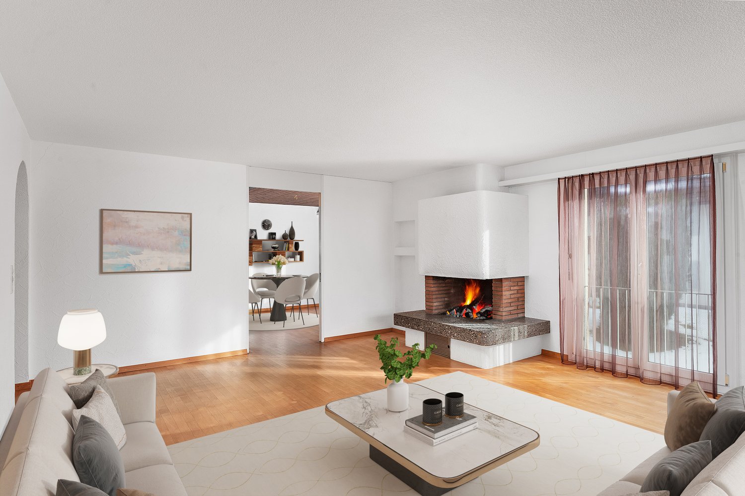 modern style, fireplace, large white sofa, carpet, lamp, center table, decorative plants