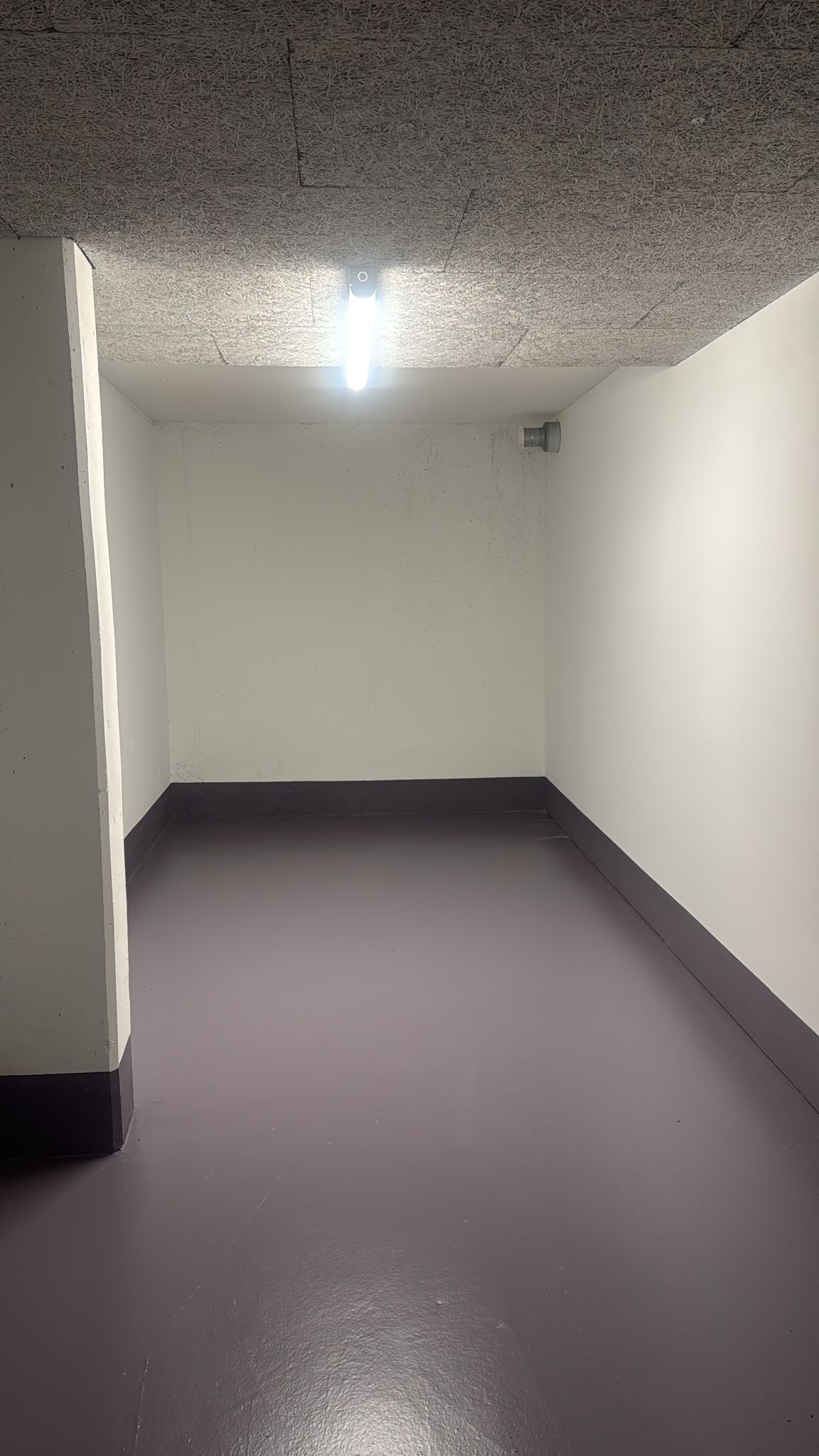 An empty room with white walls, a gray ceiling, and a gray floor. There is a light on the ceiling and a metal object on the wall. The room has no windows.