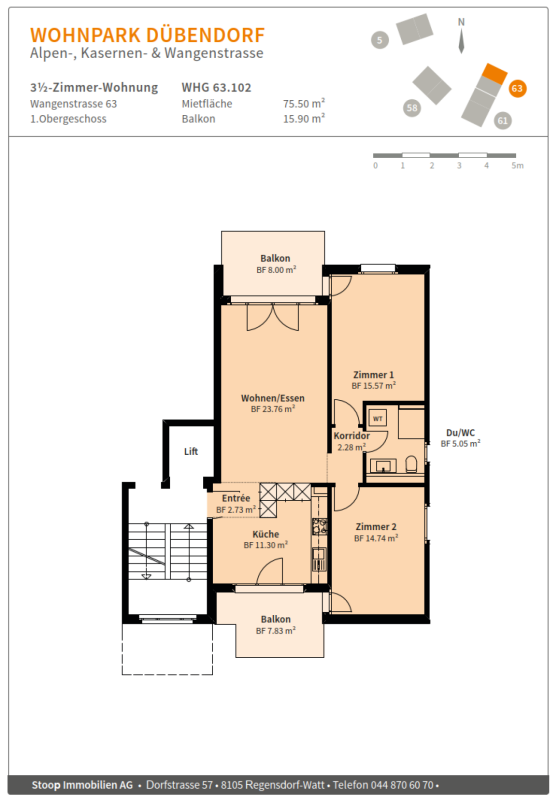 Moderne Wohnung in gepflegter Überbauung mit zwei Balkone!