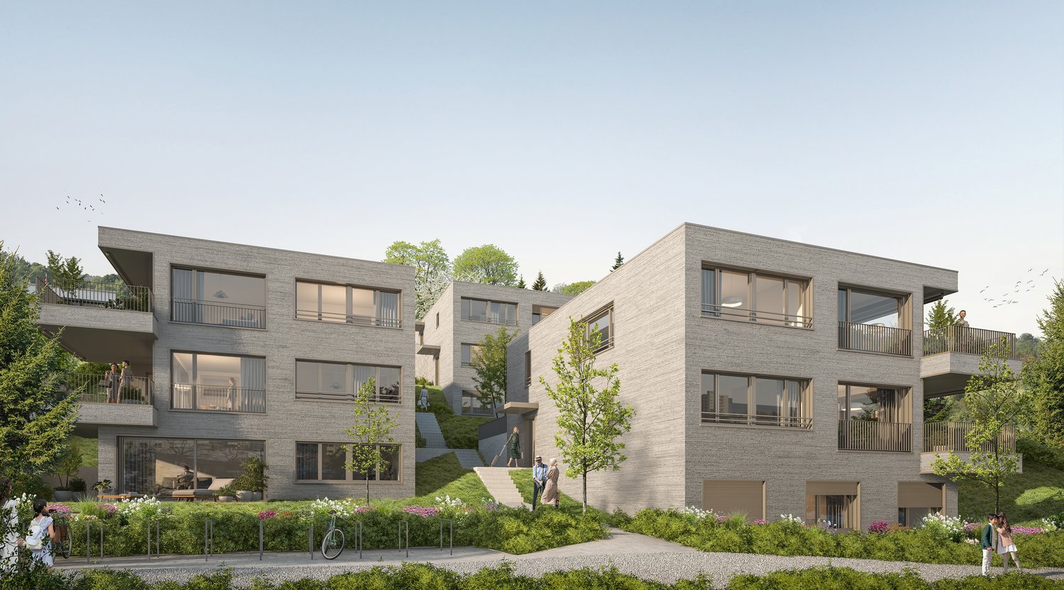 Modern architectural design, grey concrete, multiple windows, balconies on every floor, greenery surrounding