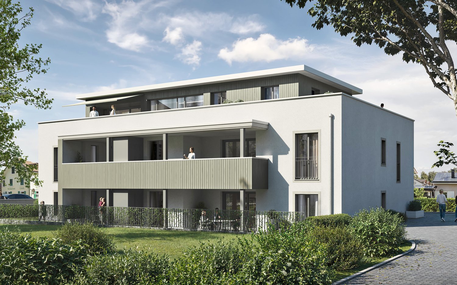 3-story building with balconies, modern design, glass windows, metal fencing