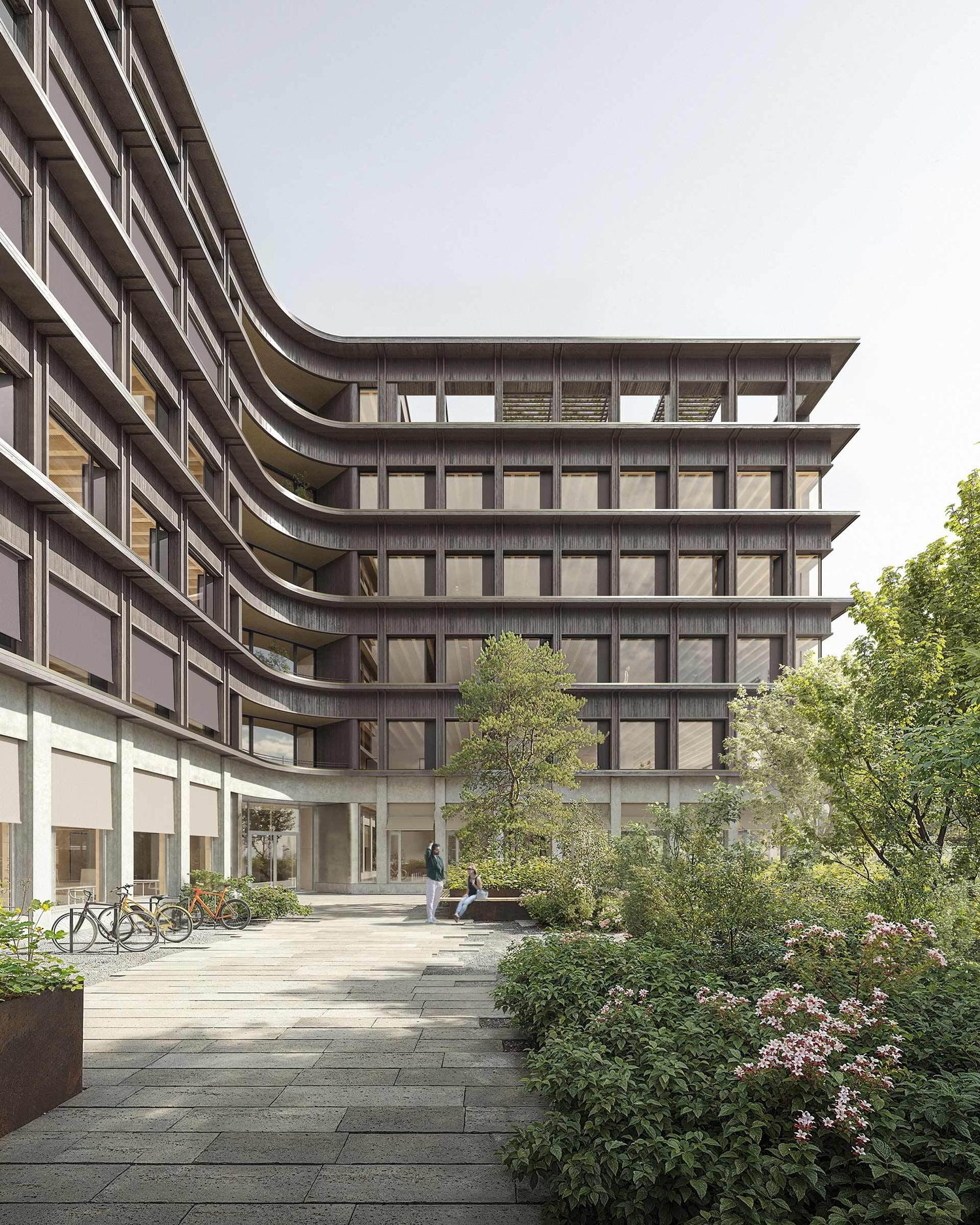 modern architecture, concrete, large windows, parking area with bicycles, greenery