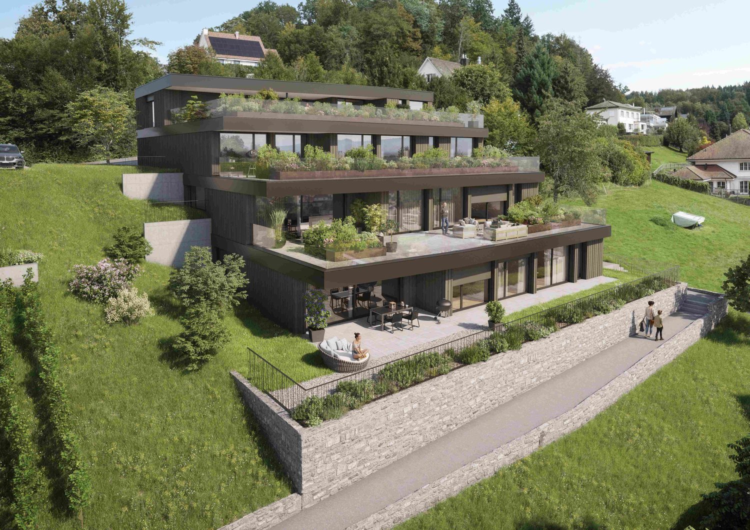 4-storey raised house with gardens, terrace, view