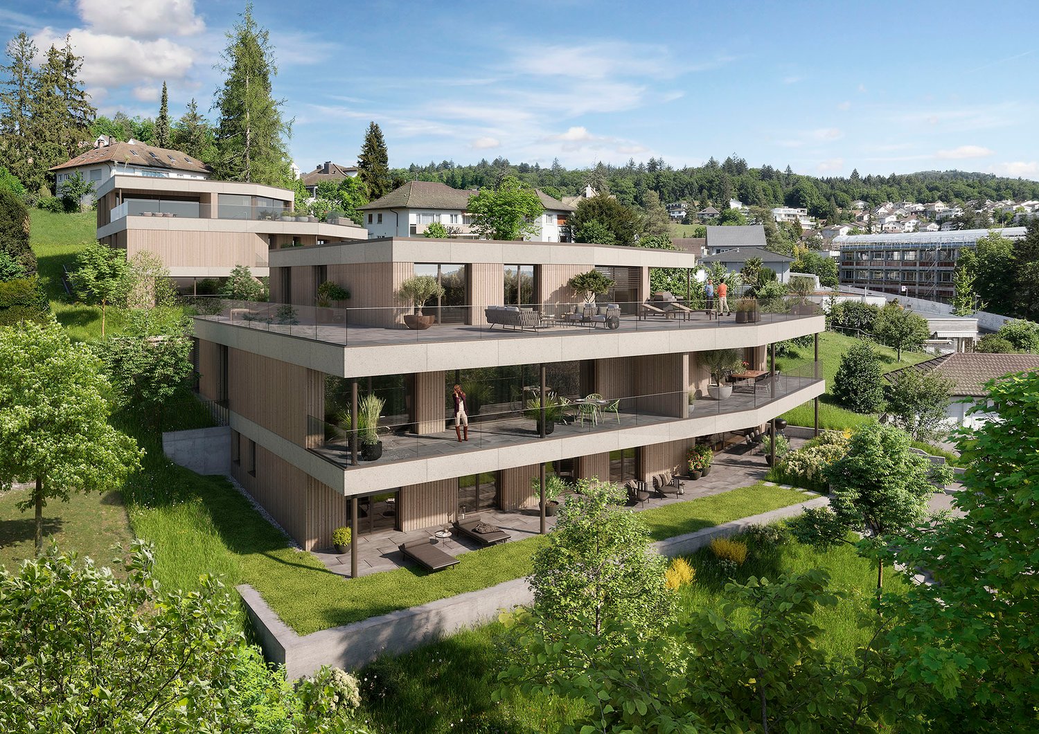 Modern multi-story house with multiple balconies, surrounded by greenery and trees
