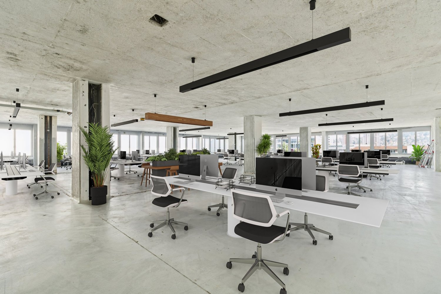 white desks, grey chairs, various plants, large windows, monitors