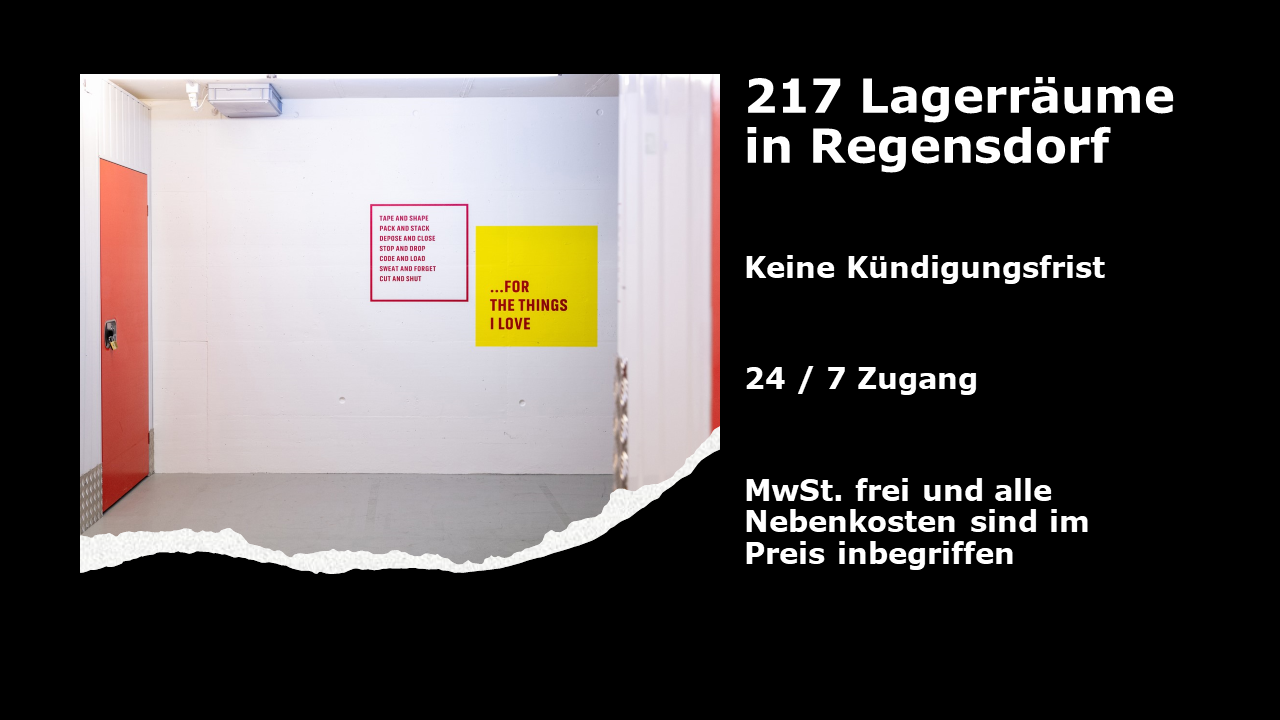 The image shows a storage room or warehouse space. The room has white walls, a red door, and signage on the wall indicating that there are 217 storage spaces available in Regensdorf. The signage also mentions that there is 24/7 access and that all additio
