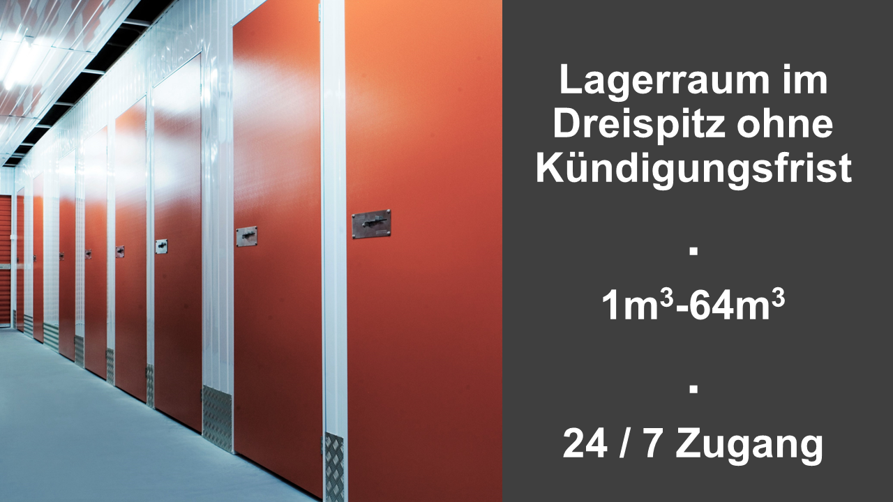 The image shows a storage facility with multiple storage units. The units have red doors and are arranged in rows. The text indicates that the storage units range in size from 1m3 to 64m3, and that the facility has 24/7 access.