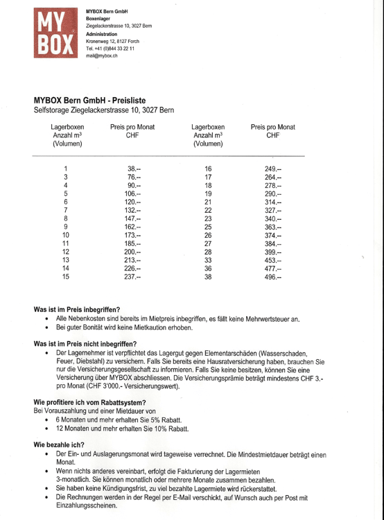 Lagerräume zw. 1m3 und 8m3 flexibel zu vermieten. Keine Kündigungsfrist. 9