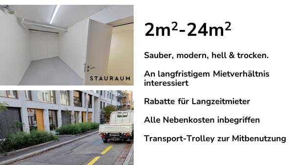 Lagerräume 1m2, 24m2 und 27m2. Unkompliziert, modern und trocken. 1