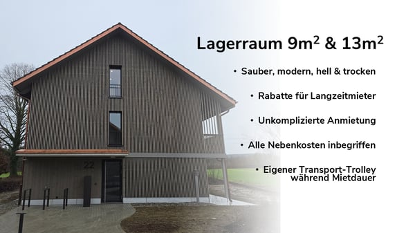 Lagerraum 2.4m2 und 23.2m2. Unkompliziert, modern und trocken. 1
