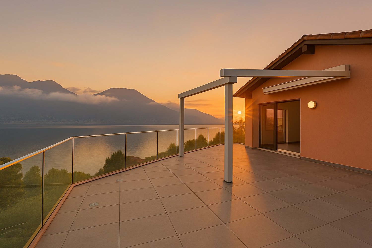 Two-story house with a balcony/terrace overlooking a scenic lake and mountains at sunset. The house has a tiled roof and large windows, with a glass railing on the balcony providing an unobstructed view of the beautiful natural landscape.