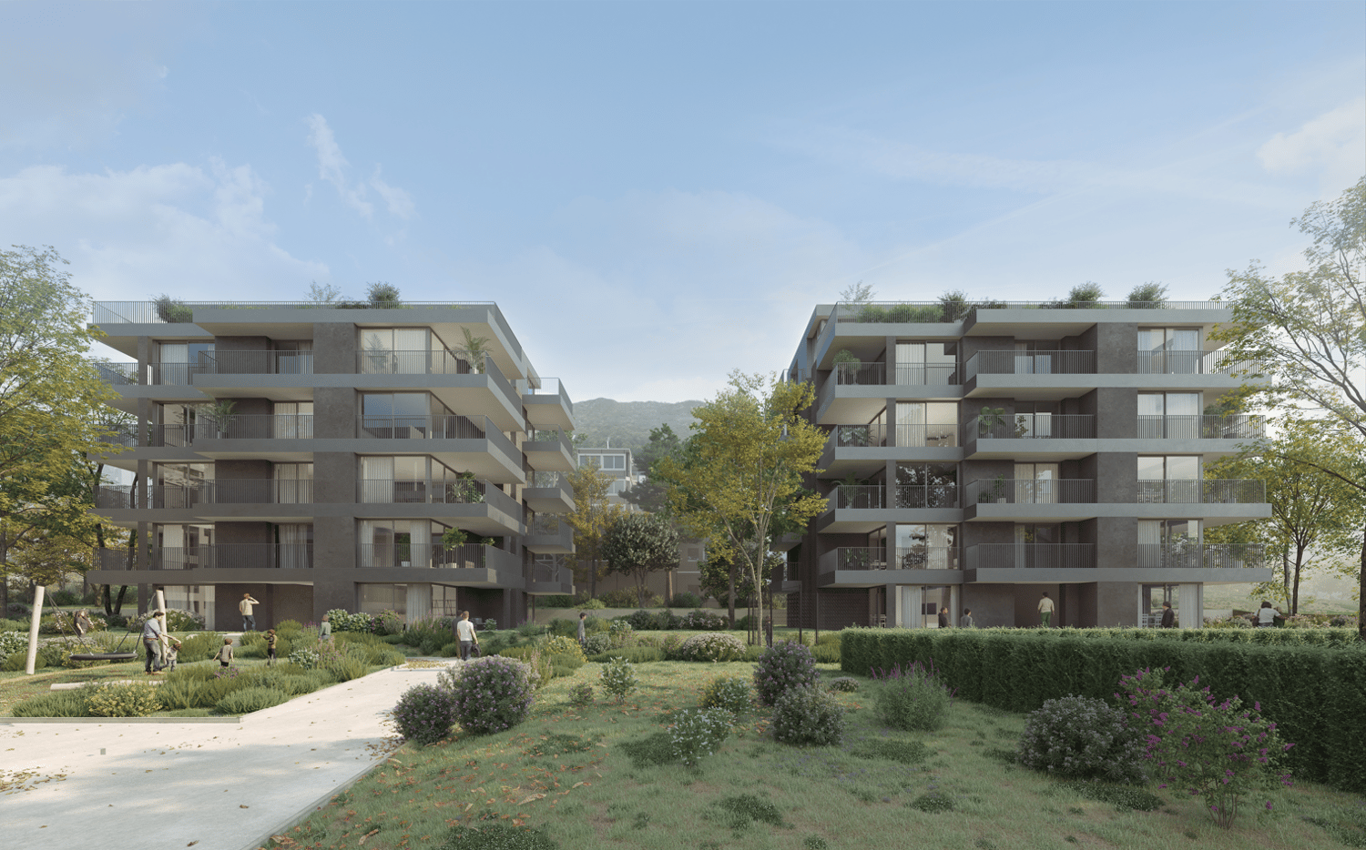 A rendered image of two multi-storey residential apartment blocks, balconies on all floors, trees, hedges and a playground in the foreground