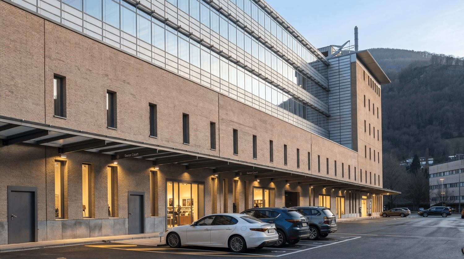 modern building, glass windows, brick wall, multiple cars parked in front