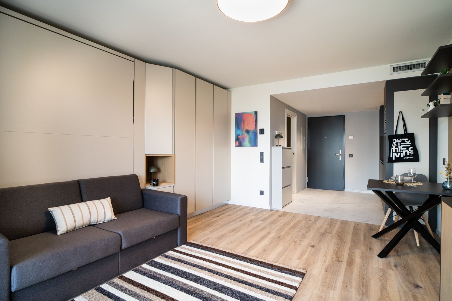 Open-plan studio apartment with hardwood flooring, gray sofa, built-in storage cabinets, and a dining table. The room has a modern and minimalist design with a striped rug and artwork on the wall.